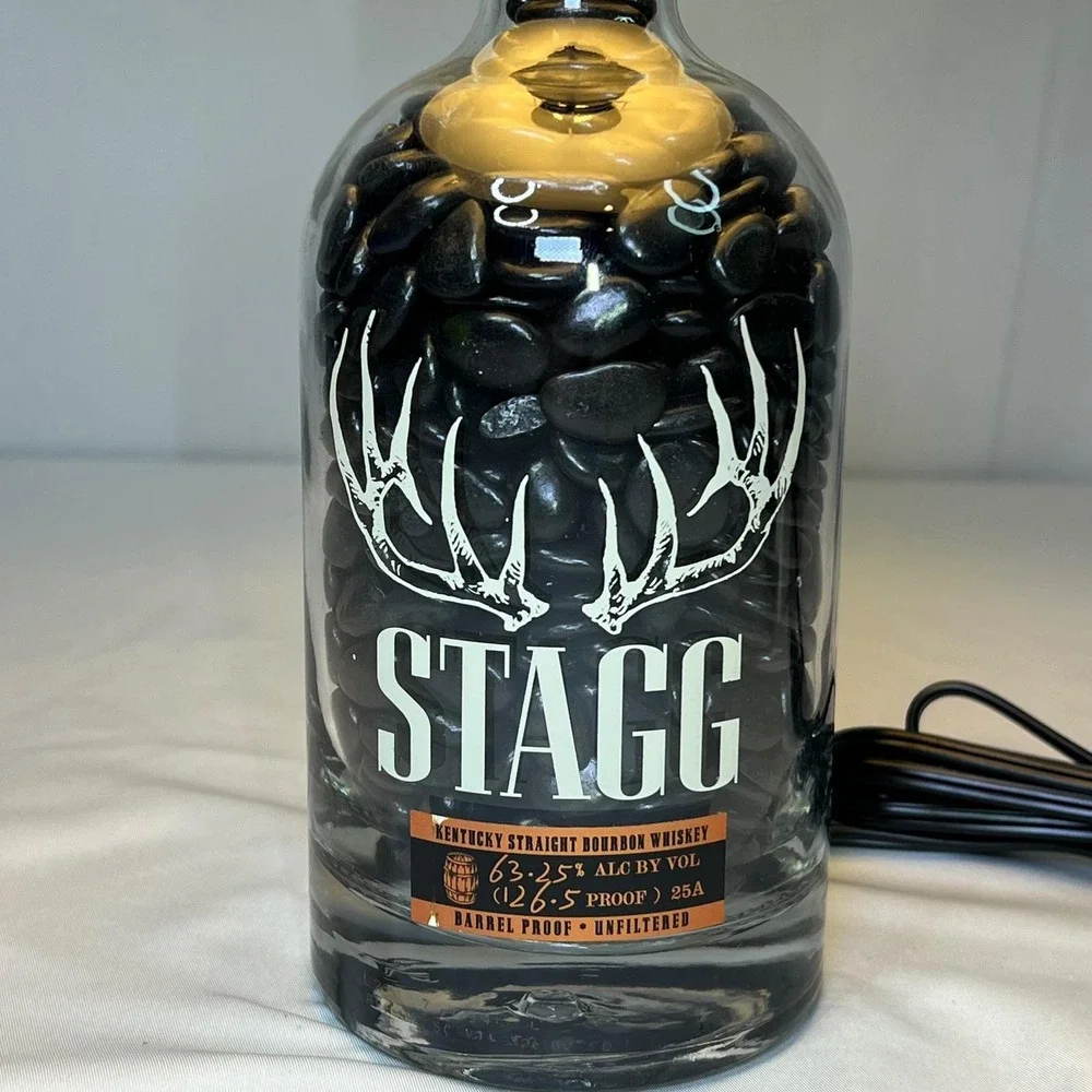 Stagg Bourbon Whiskey Bottle Lamp with Black River Stones and White Shade 15.5in